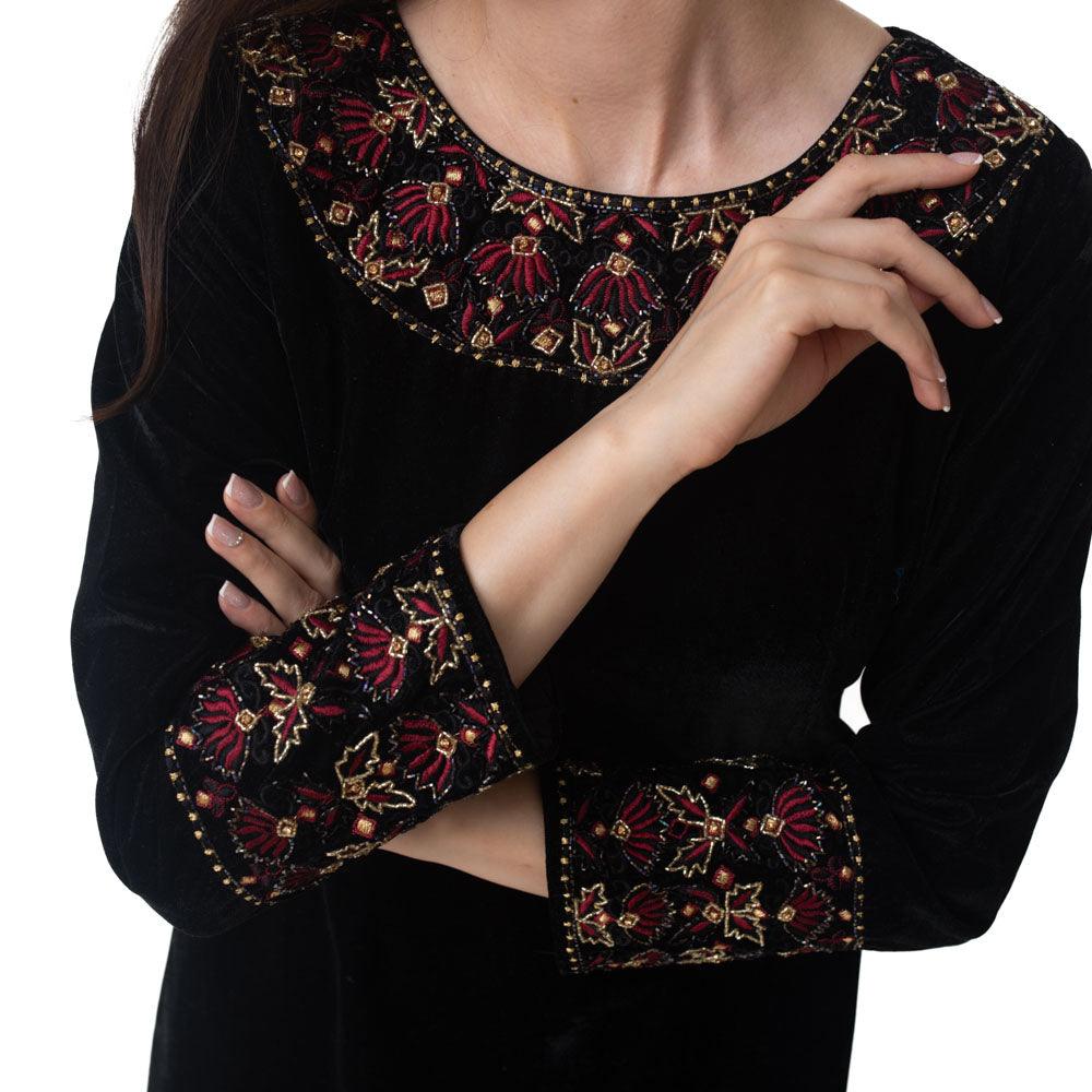 Black Velvet Dress with Hand Embroidery-Raas USA