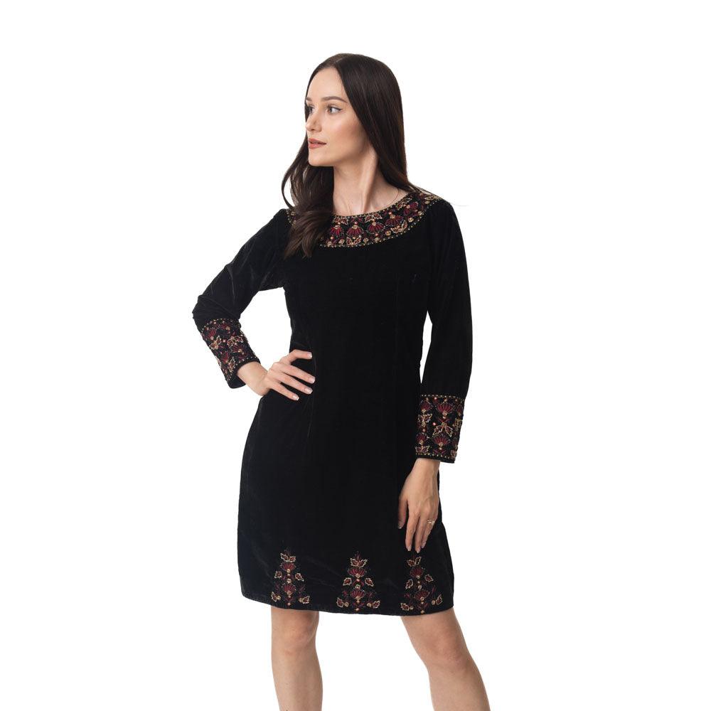 Black Velvet Dress with Hand Embroidery-Raas USA