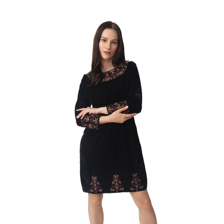 Black Velvet Dress with Hand Embroidery-Raas USA