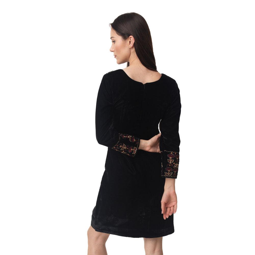 Black Velvet Dress with Hand Embroidery-Raas USA