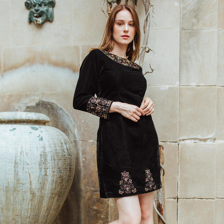 Black Velvet Dress with Hand Embroidery-Raas USA