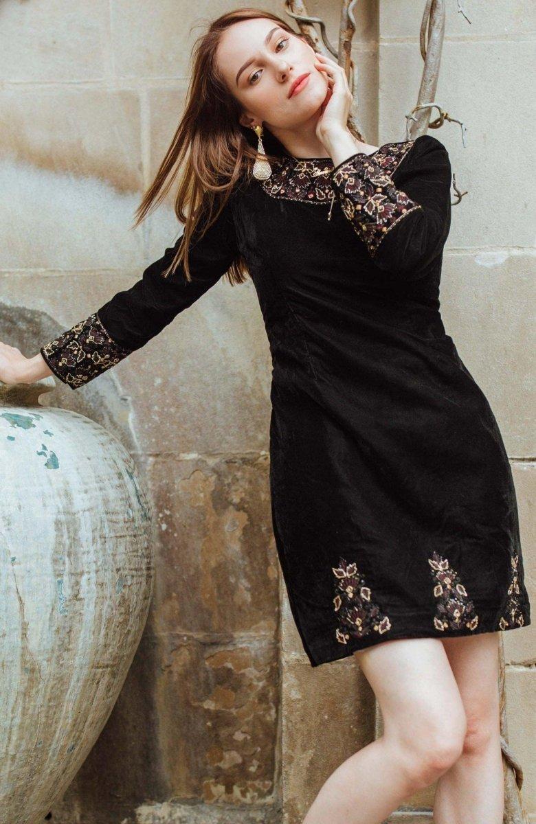 Shop Black Velvet Dress with Hand Embroidery M / Black Shop Black Velvet Dress with Hand Embroidery M / Black