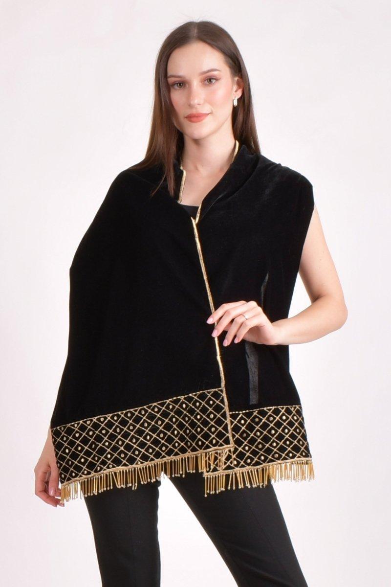 Close-up of Black Hand-Embroidered Velvet Scarf, highlighting the textile texture and decorative details.