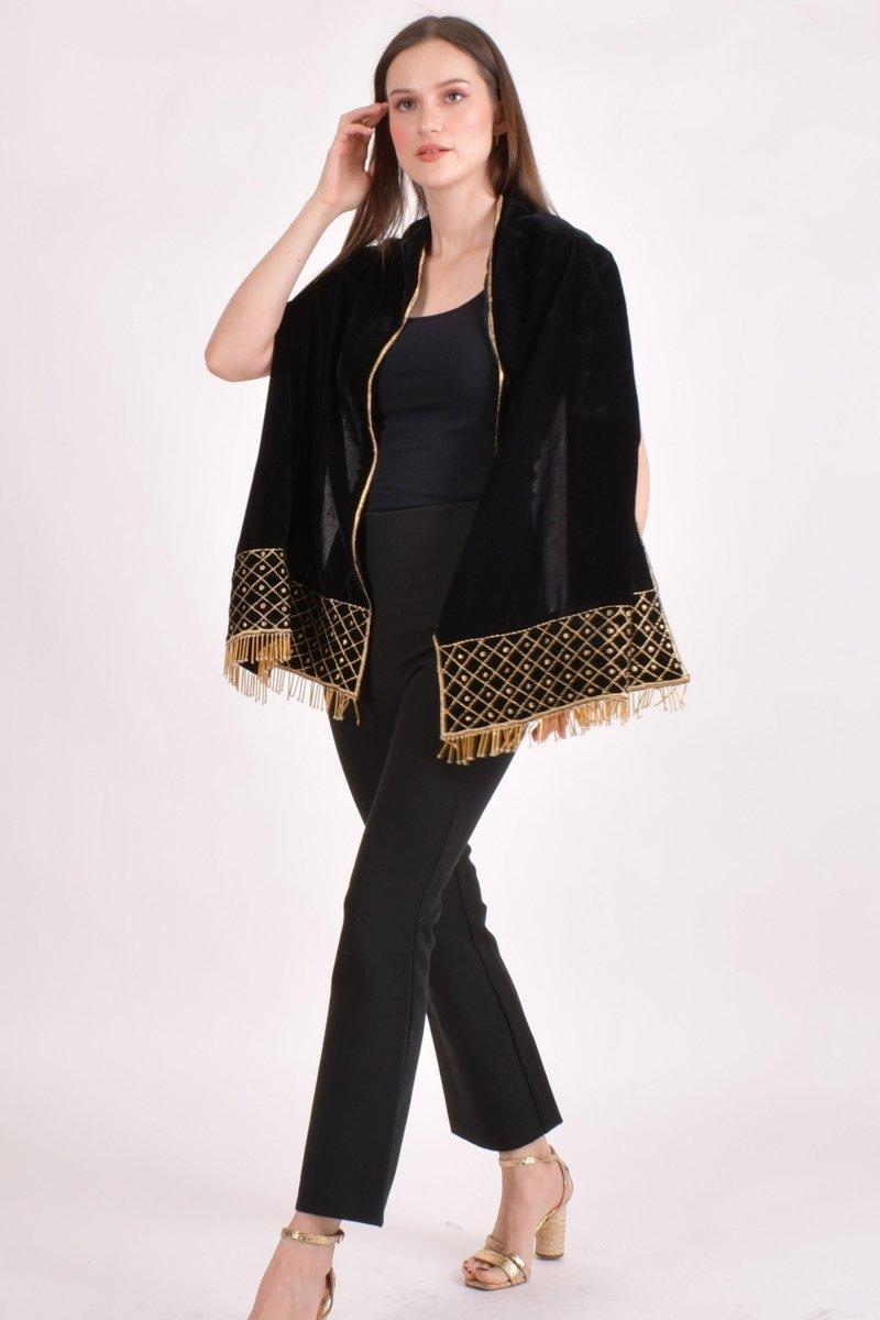 Black Hand-Embroidered Velvet Scarf, alternate angle showing the silhouette and border finishing.