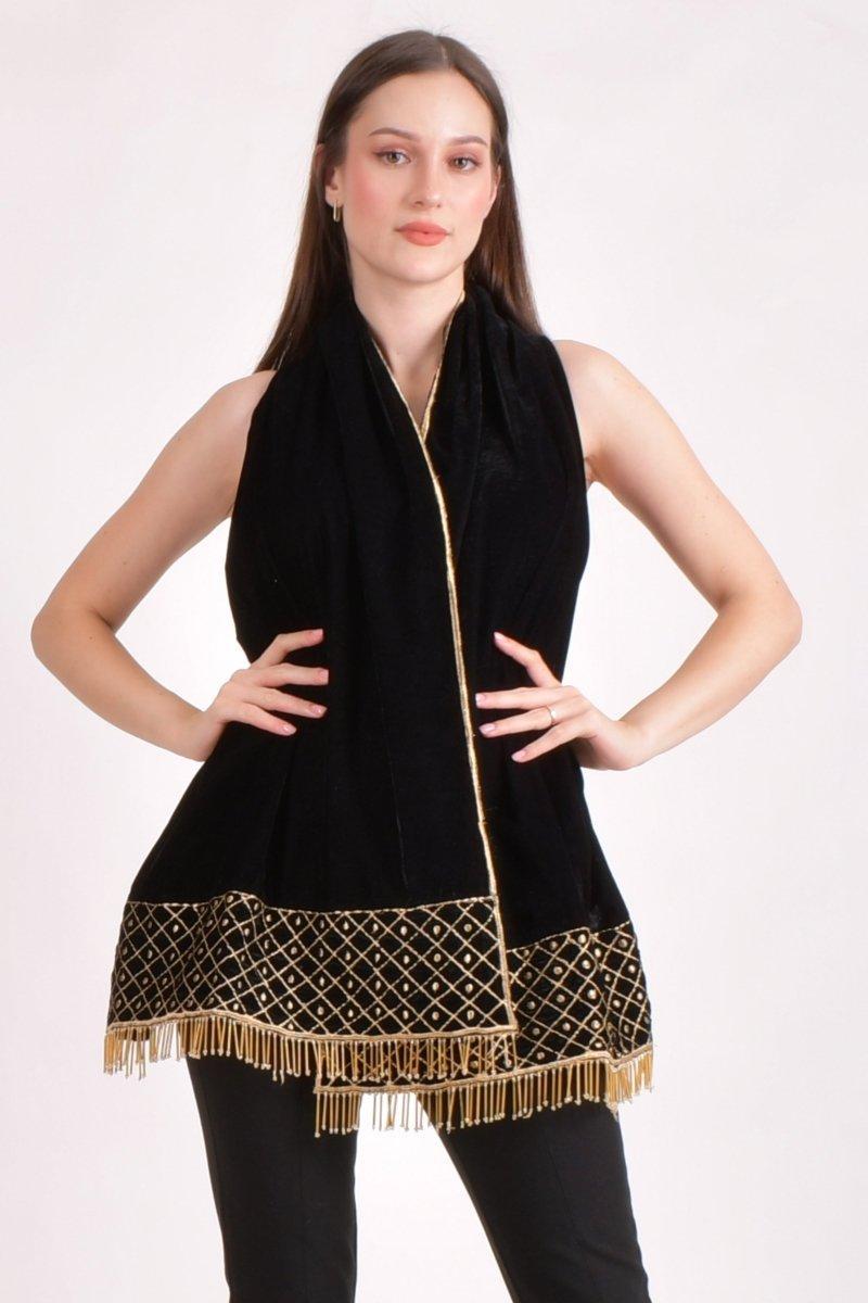 Black Hand-Embroidered Velvet Scarf, full view showing the overall color, fabric and drape.