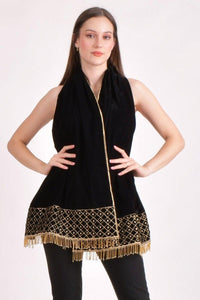 Black Hand-Embroidered Velvet Scarf, full view showing the overall color, fabric and drape.