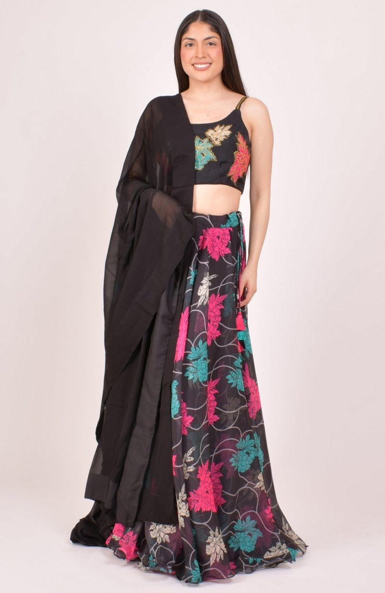 Black Zari Embroidered Floral Lehenga Choli with Dupatta-[mehendi outfit]-Raas