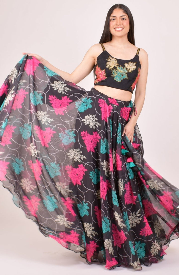 Black Zari Embroidered Floral Lehenga Choli with Dupatta-[mehendi outfit]-Raas