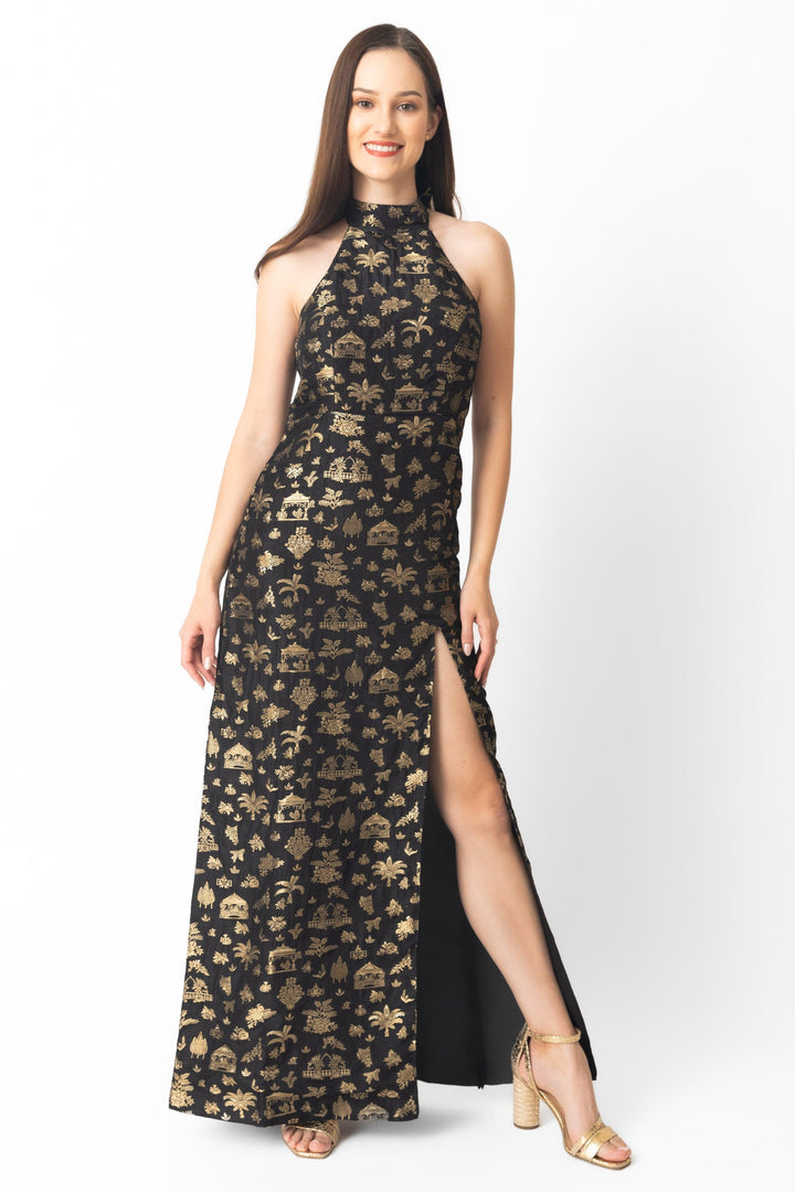 Black and Gold Halter Slit Long Dress-Raas USA