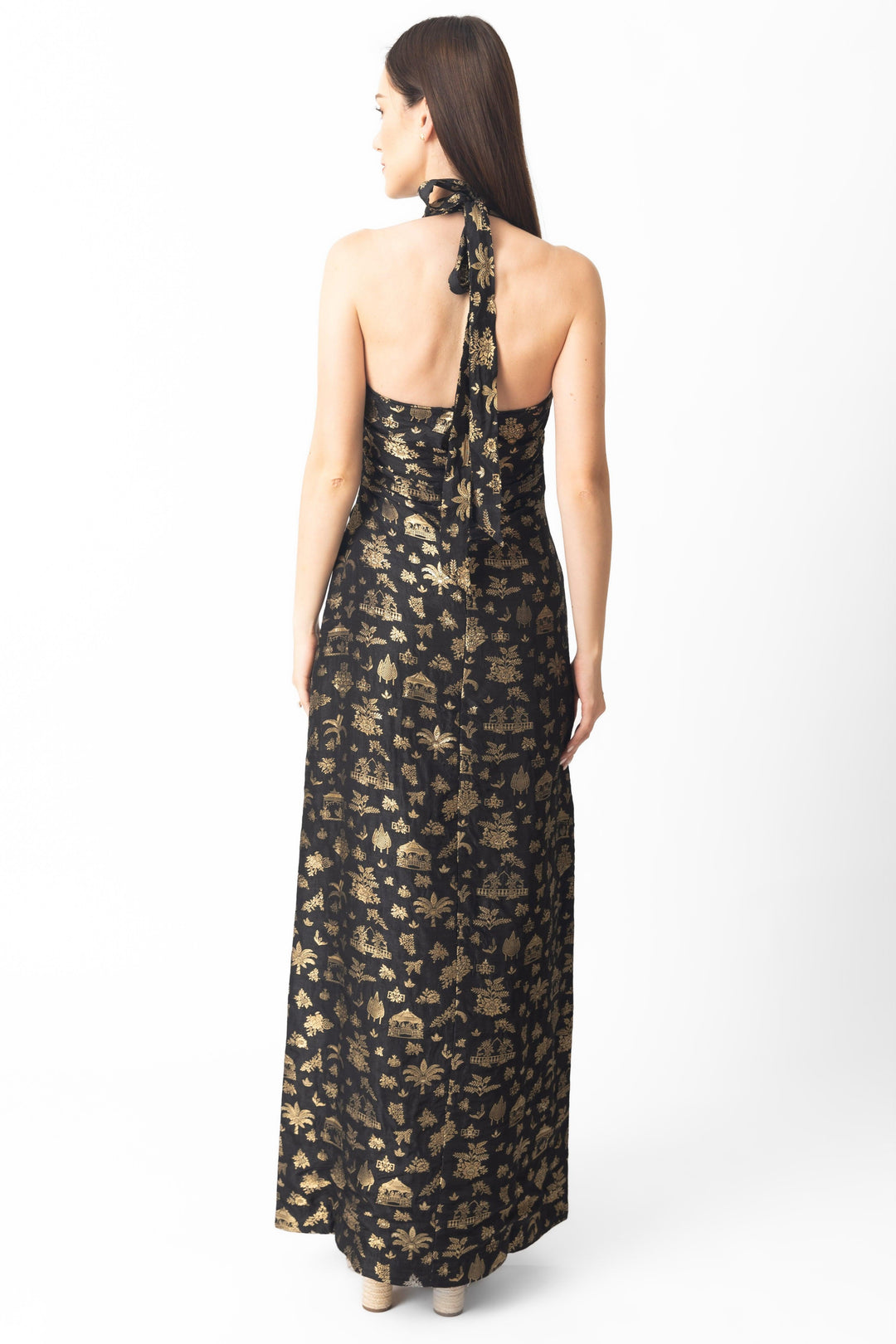 Black and Gold Halter Slit Long Dress-Raas USA