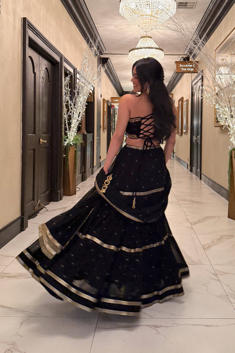 Black and Gold One Shoulder Lehenga choli set With Sequins Work