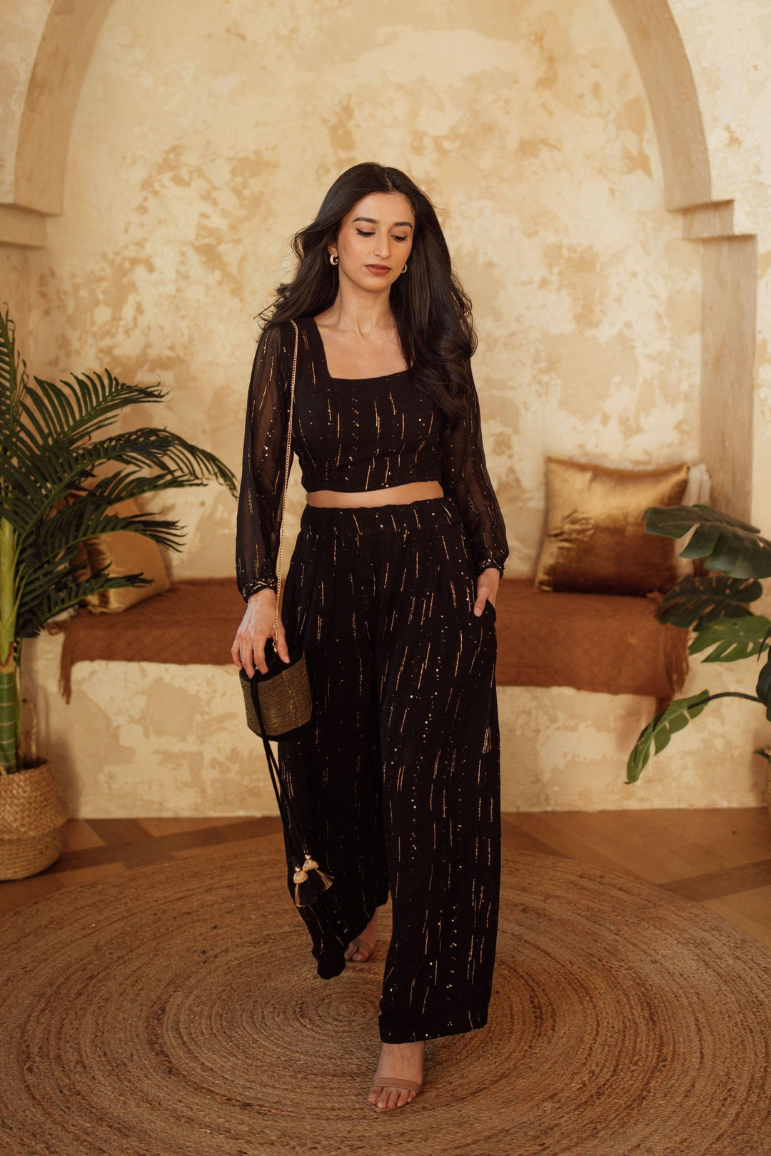 Black and Gold Palazzo Suit Long Sleeve-Raas