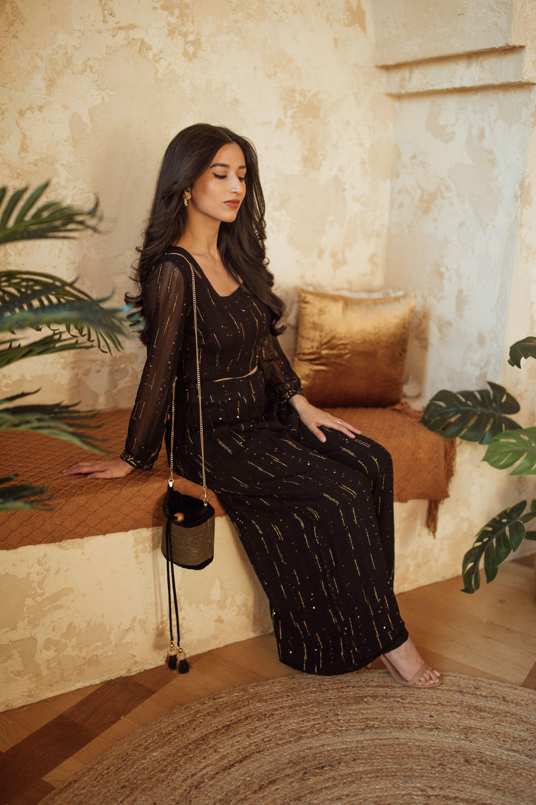 Black and Gold Palazzo Suit Long Sleeve-Raas