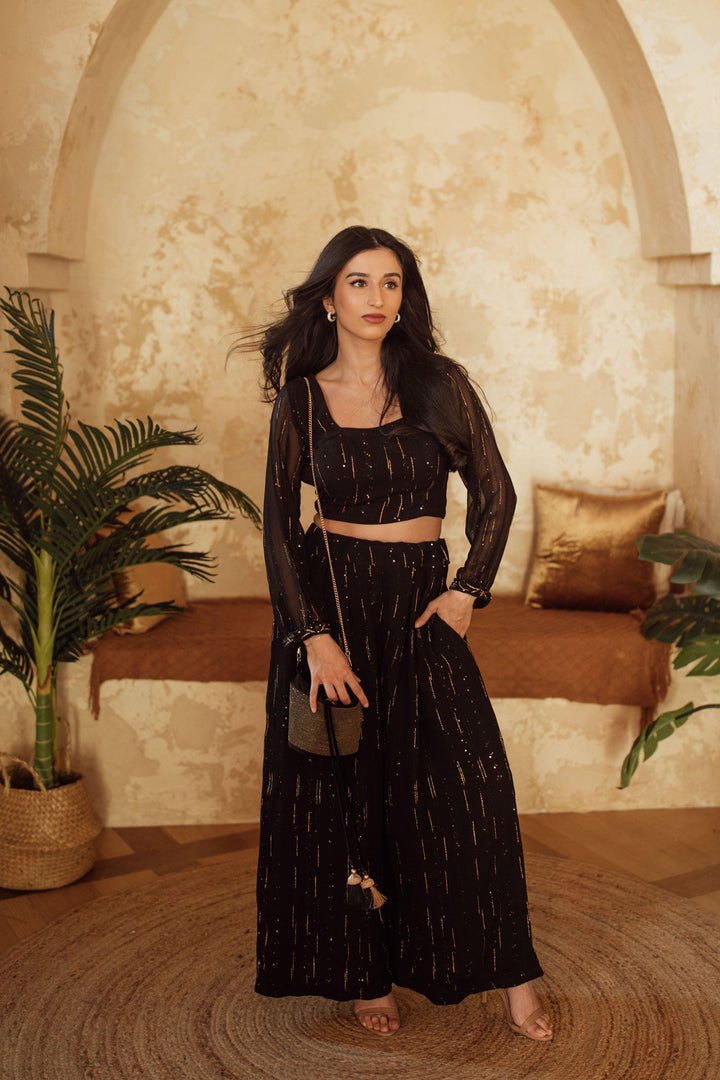 Black and Gold Palazzo Suit Long Sleeve-Raas