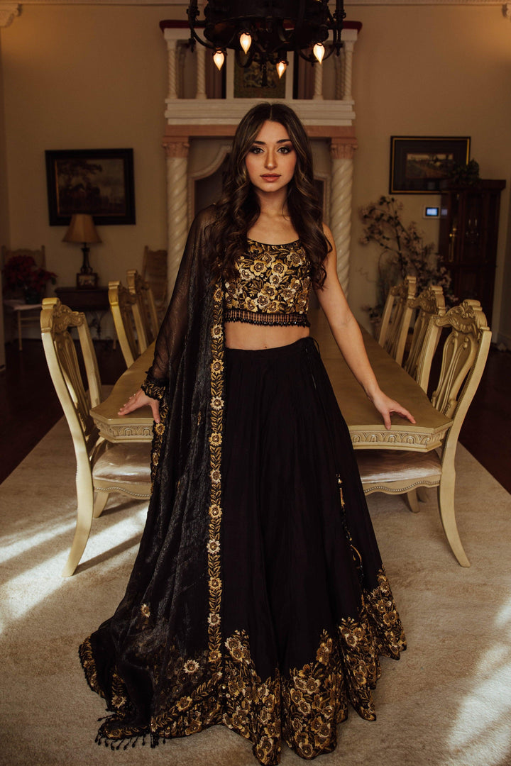 Black Floral Hand Embroidered Lehenga Choli Set CHANIYA CHOLI RAAS