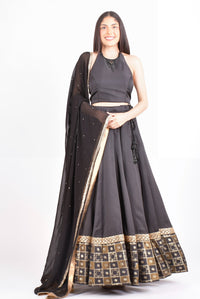 Black Lehenga Choli with Halter Neck & Gold Border 