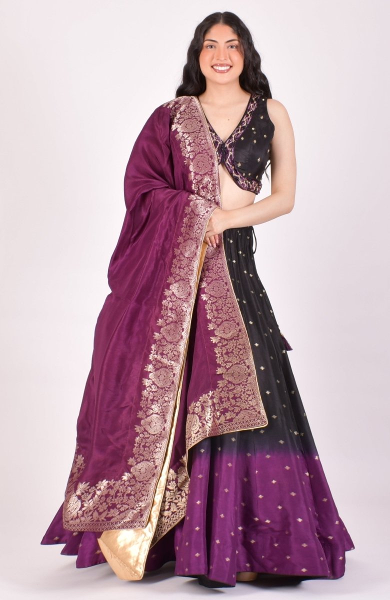 Black & Wine Ombre Banarasi lehenga Choli with dupatta