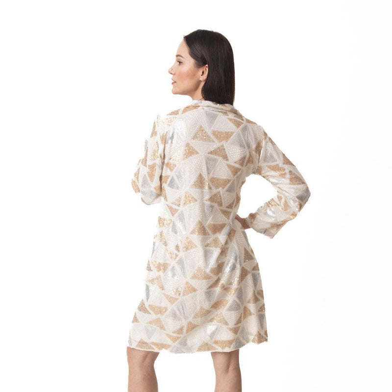 Mini blazer dress with all-over gold and silver sequin triangles, full sleeves, and a front open design.