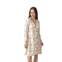 Blazer dress with all-over gold and silver sequin triangles, full sleeves, and front open design.