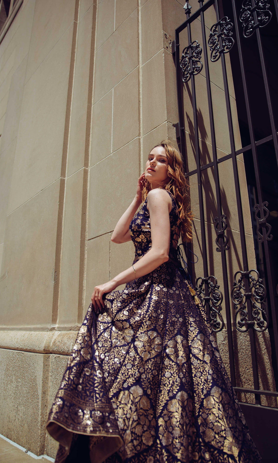 Blue Banarasi Jacquard Gown with Hand Embroidery Neckline-Raas USA