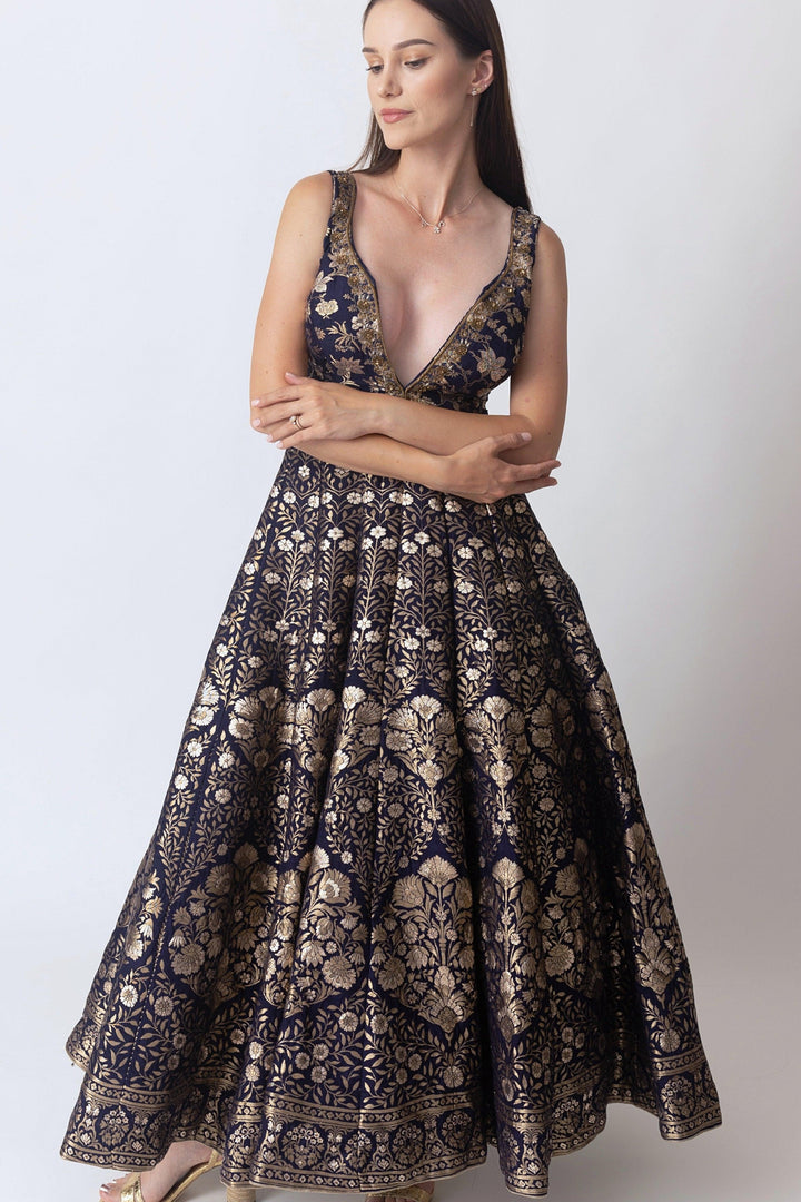 Blue Banarasi Jacquard Gown with Hand Embroidery Neckline-Raas USA