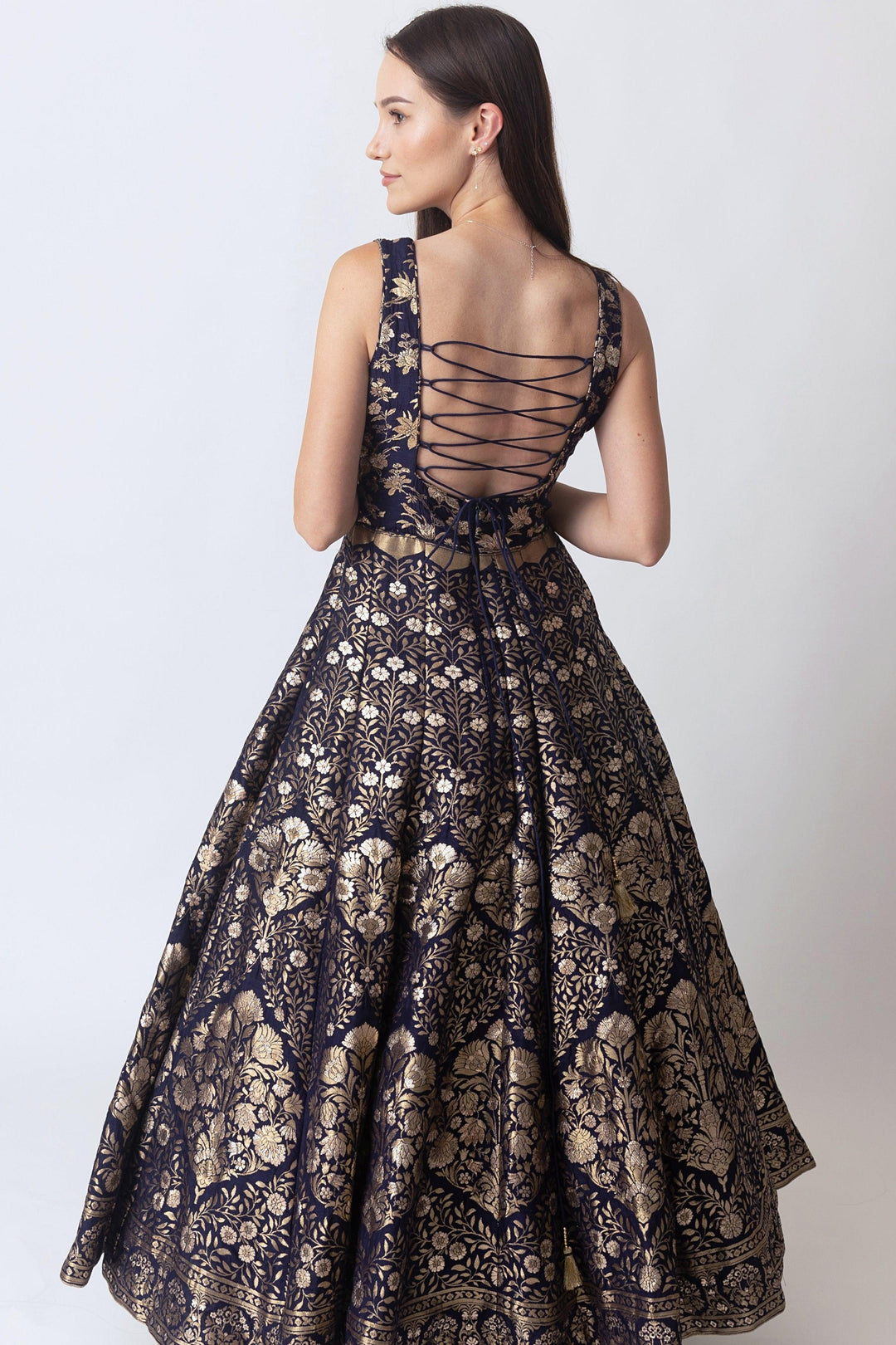 Blue Banarasi Jacquard Gown with Hand Embroidery Neckline-Raas USA