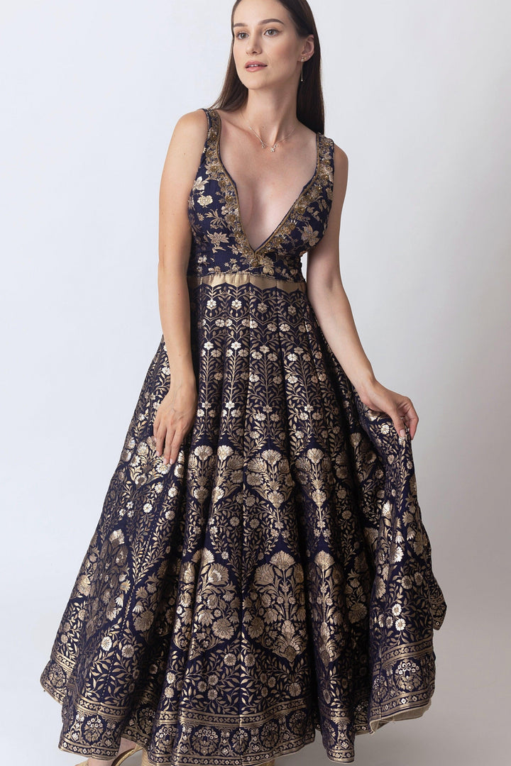 Blue Banarasi Jacquard Gown with Hand Embroidery Neckline-Raas USA