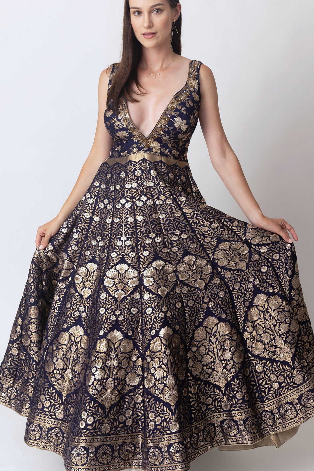 Blue Banarasi Jacquard Gown with Hand Embroidery Neckline-Raas USA