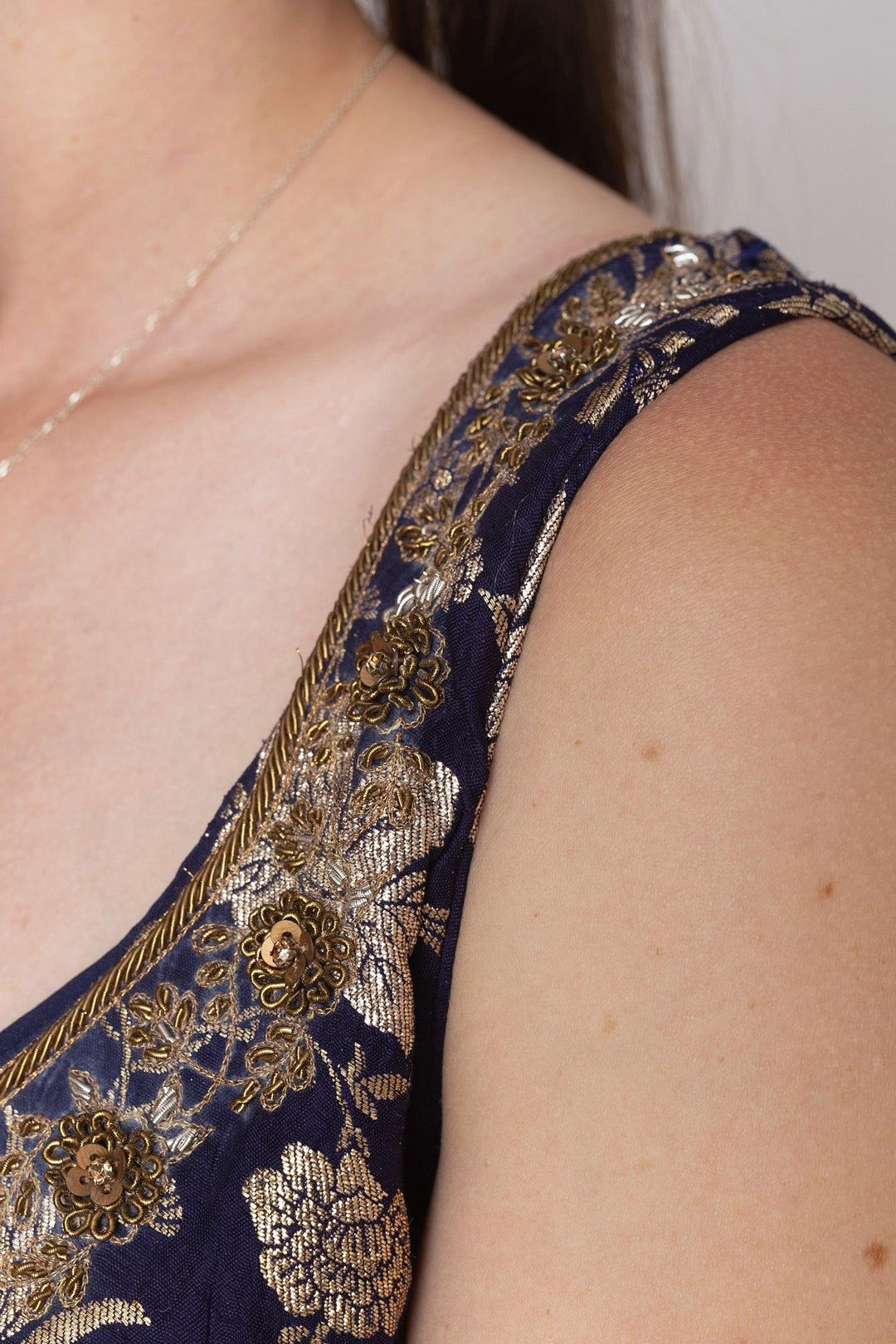 Blue Banarasi Jacquard Gown with Hand Embroidery Neckline-Raas USA