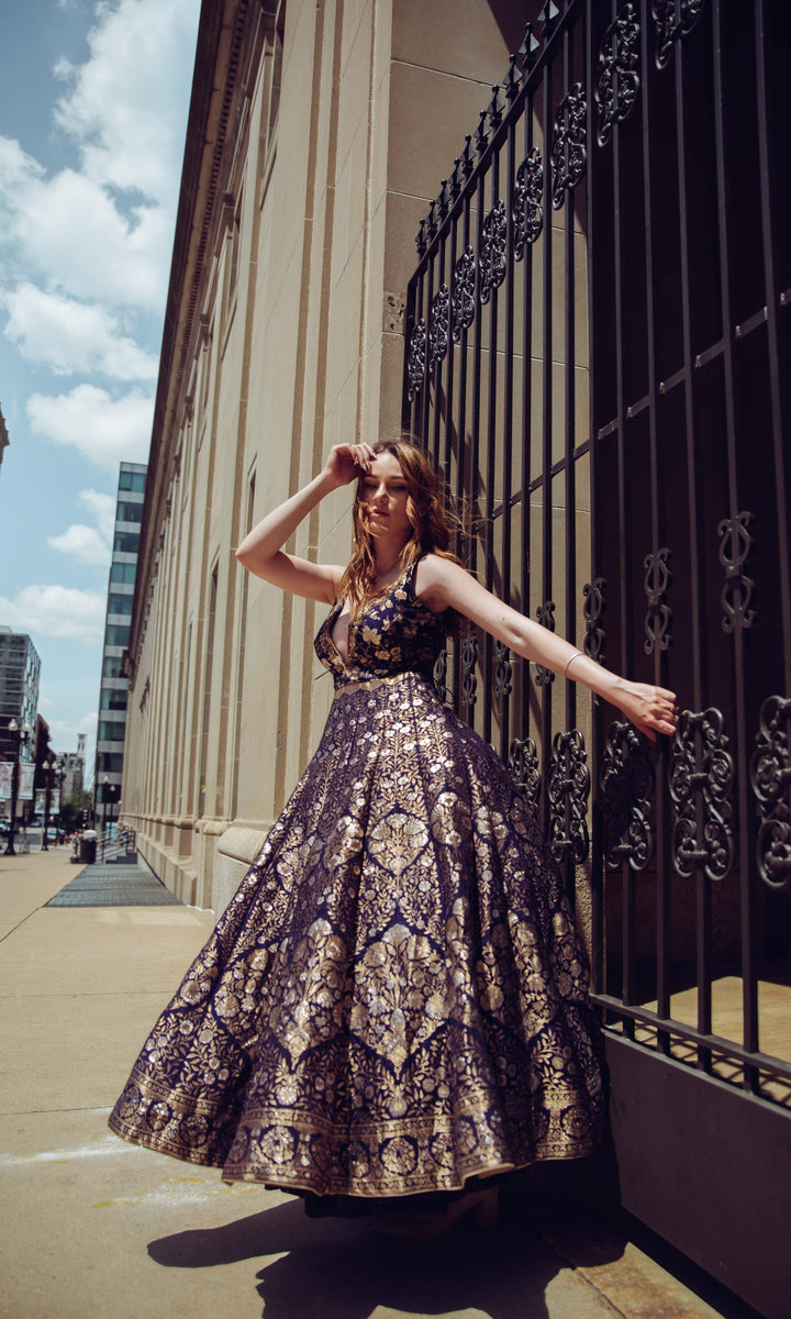 Blue Banarasi Jacquard Gown with Hand Embroidery Neckline-Raas USA