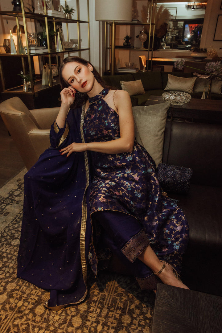 Blue Banarasi Silk Salwar Kameez Set with Halter Neck-Raas