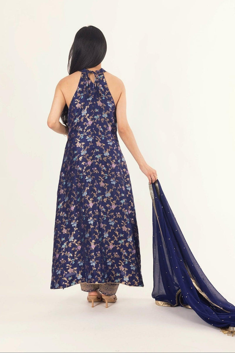 Blue Banarasi Silk Salwar Kameez Set with Halter Neck-Raas