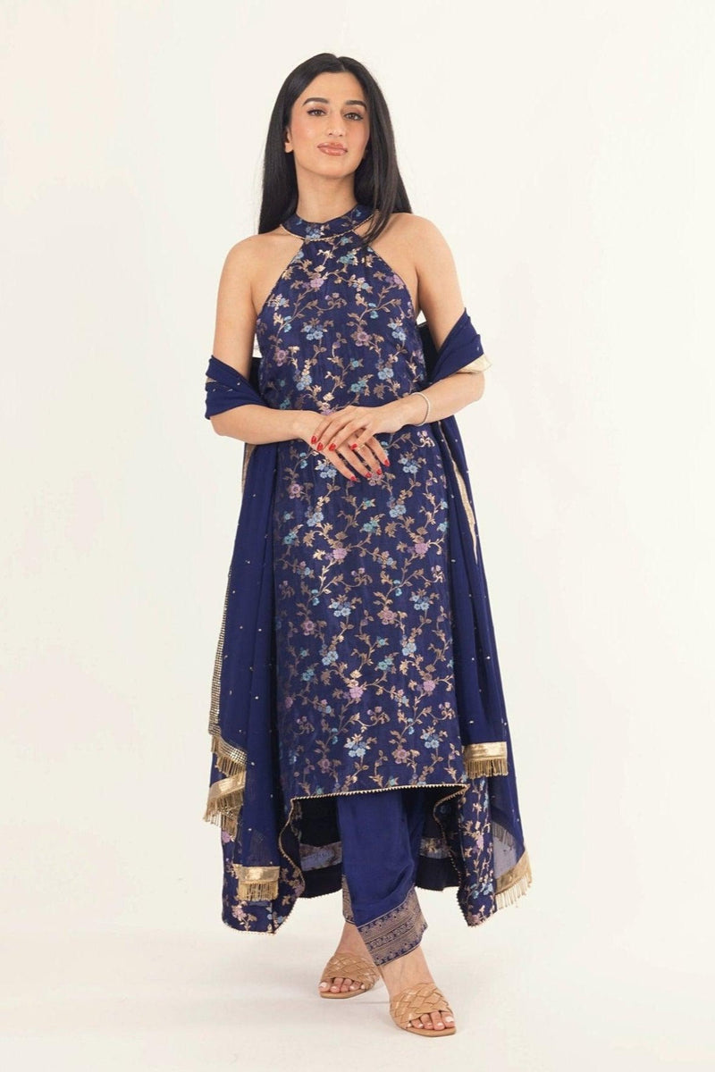 Blue Banarasi Silk Salwar Kameez Set with Halter Neck-Raas