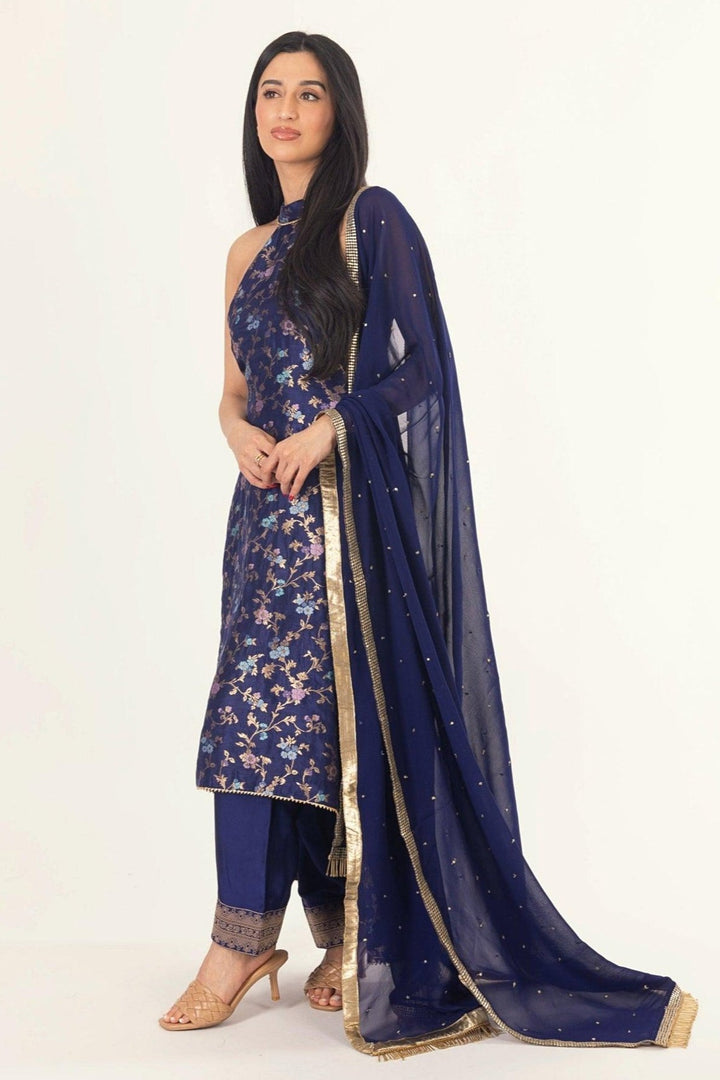 Blue Banarasi Silk Salwar Kameez Set with Halter Neck-Raas