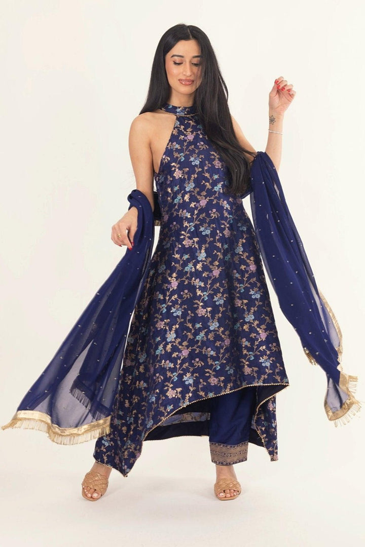 Blue Banarasi Silk Salwar Kameez Set with Halter Neck-Raas