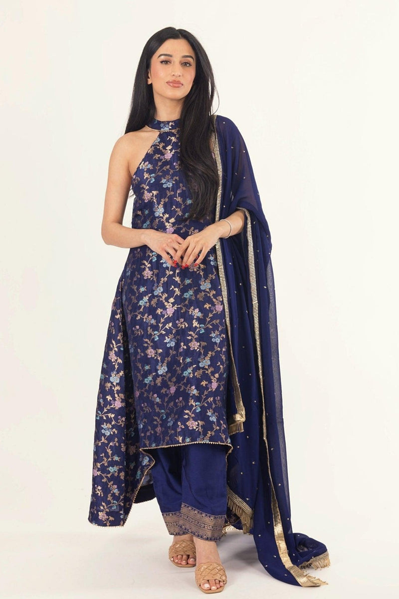 Blue Banarasi Silk Salwar Kameez Set with Halter Neck-Raas