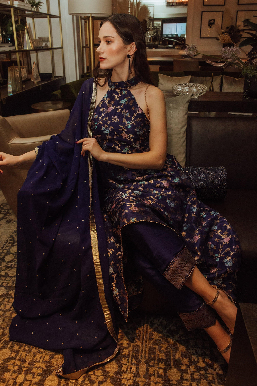 Blue Banarasi Silk Salwar Kameez Set with Halter Neck-Raas
