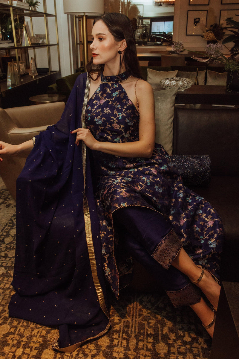 Blue Banarasi Silk Salwar Kameez Set with Halter Neck-Raas