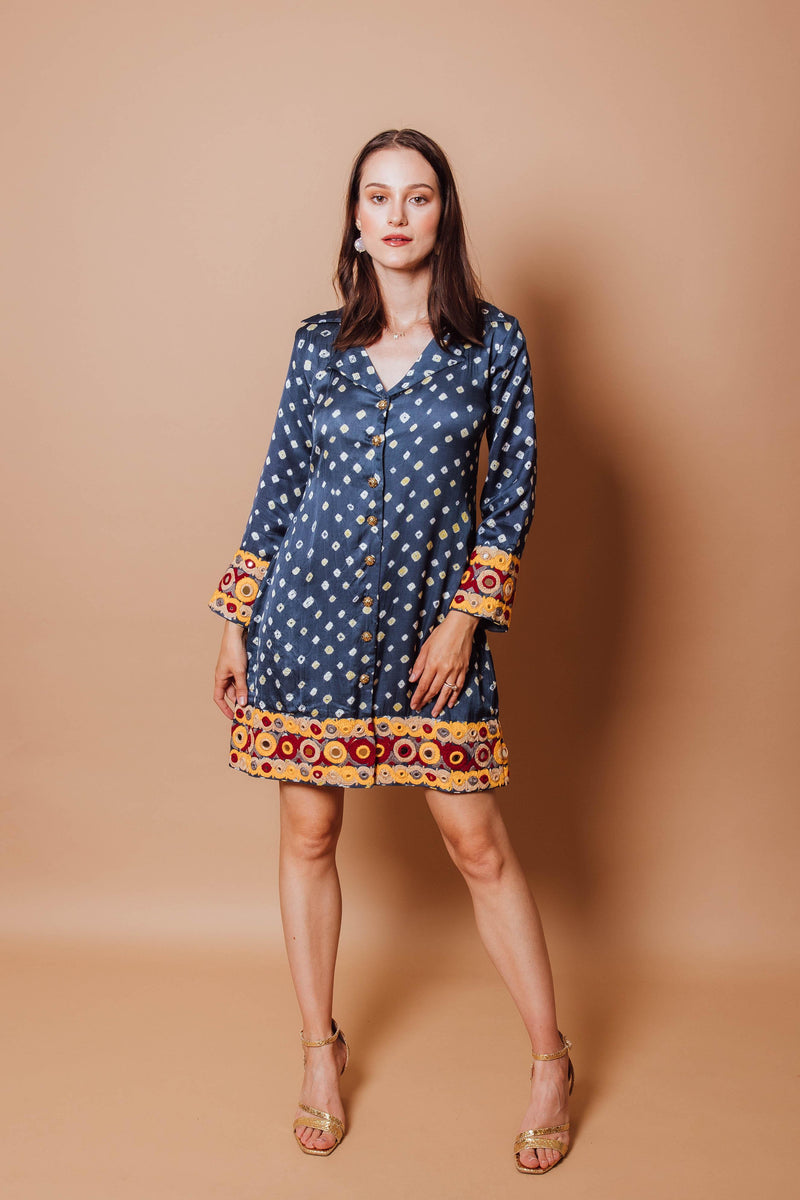 Blue gaji silk blazer dress with all-over bandhej, Kutch embroidery on hem and sleeves.
