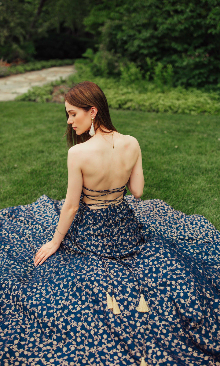 Blue Brocade Convertible Gown-Raas USA