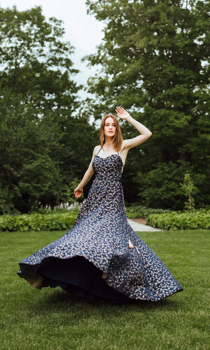 Blue Brocade Convertible Gown-Raas USA