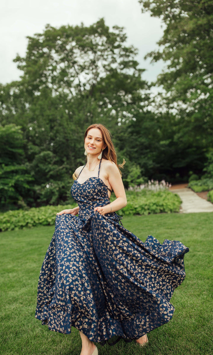 Blue Brocade Convertible Gown-Raas USA