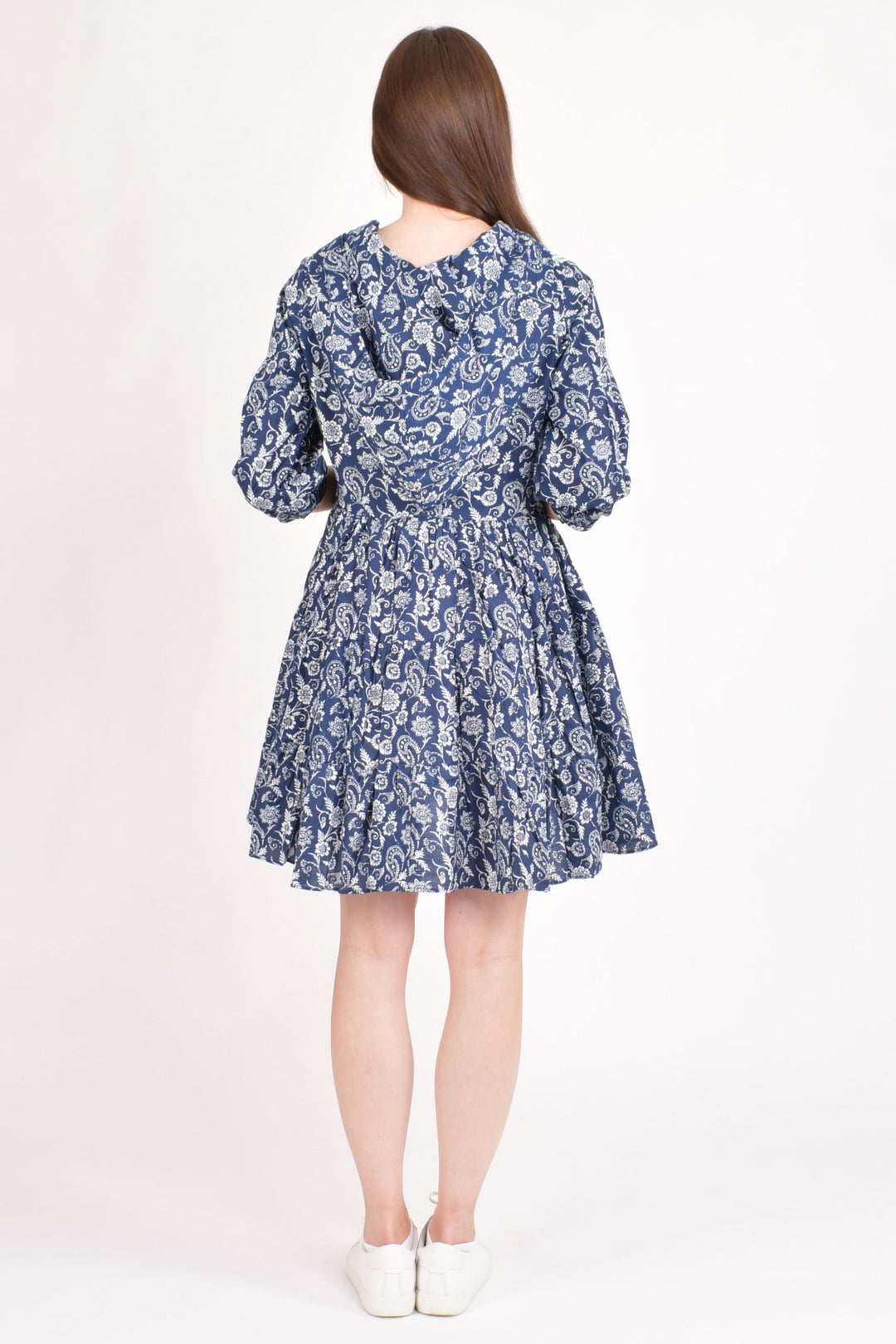 Blue Cotton Floral Embroidered Hoodie Mini Dress-Raas USA