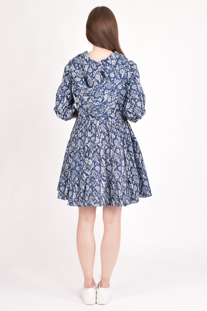 Blue Cotton Floral Embroidered Hoodie Mini Dress-Raas USA