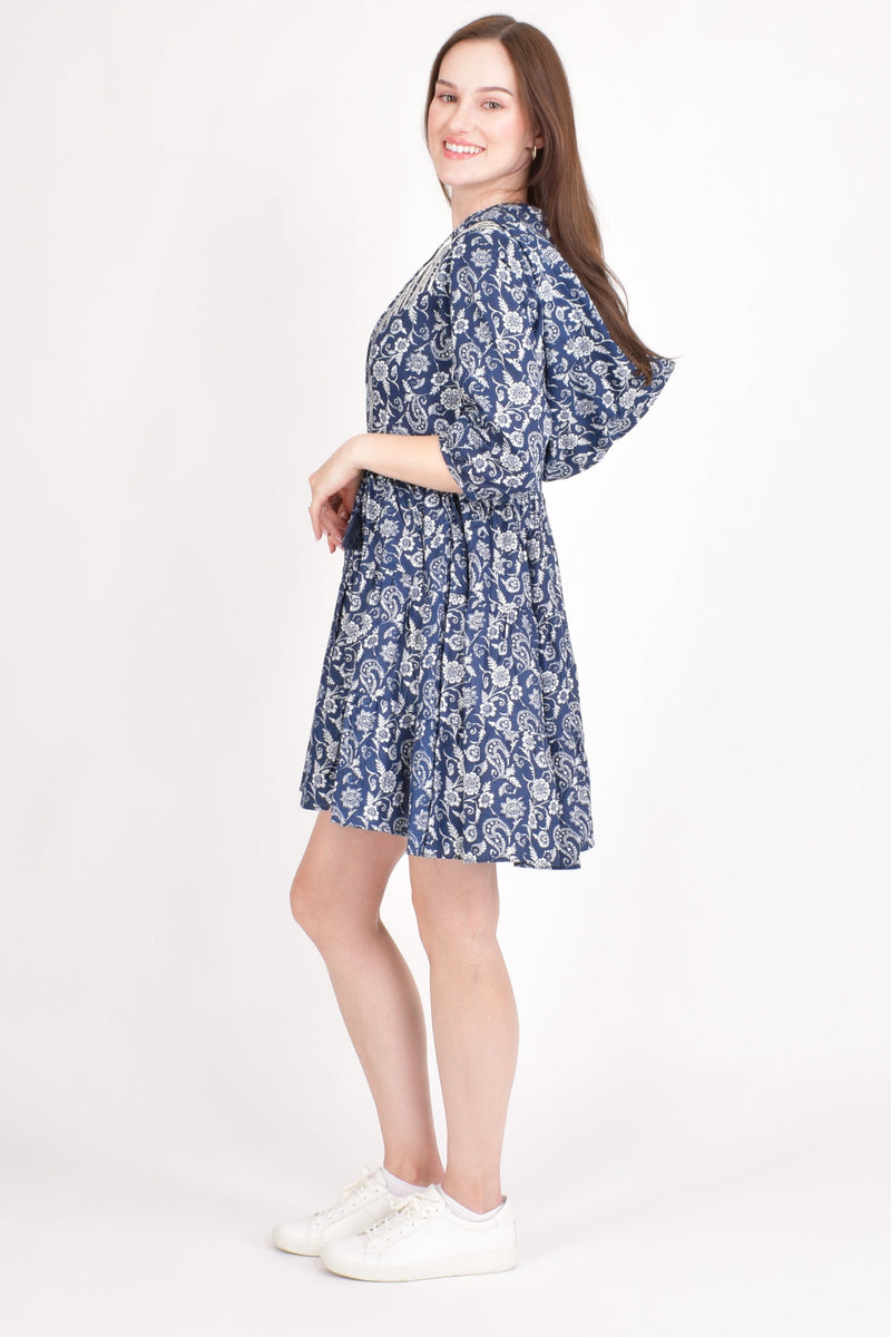 Blue Cotton Floral Embroidered Hoodie Mini Dress dresses RAAS