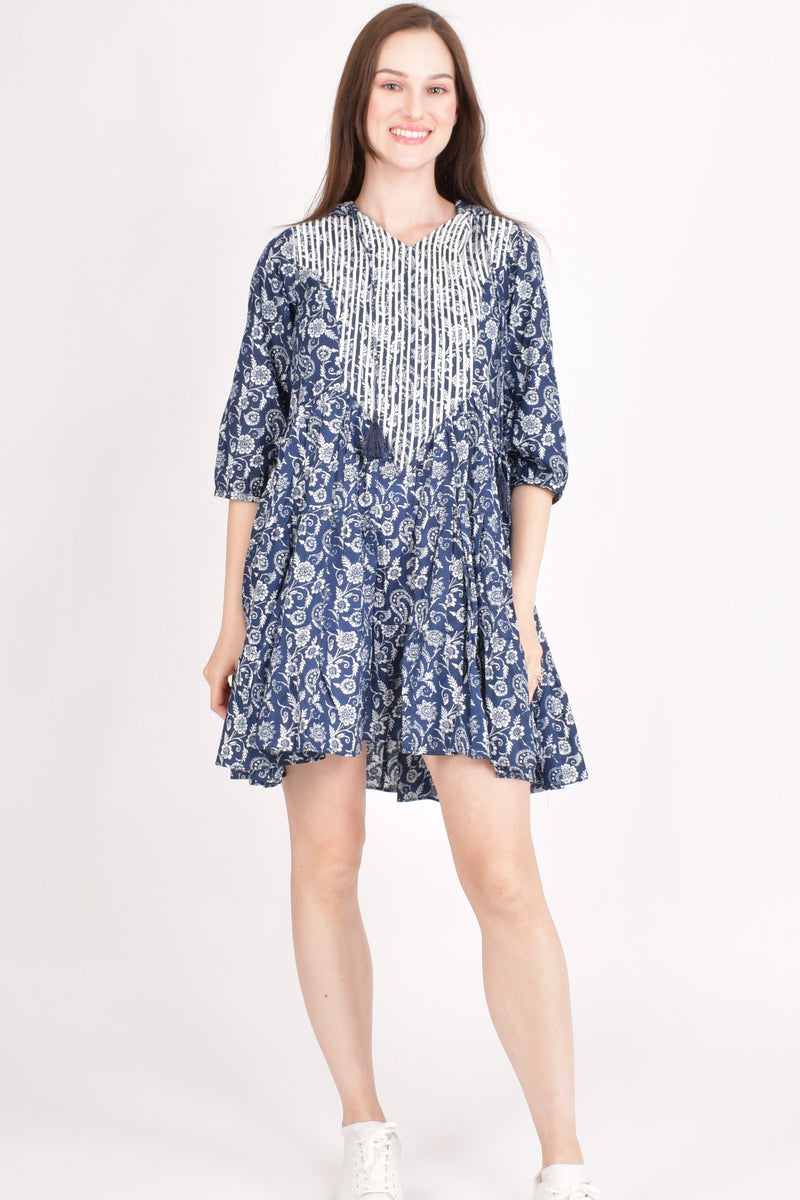 Blue Cotton Floral Embroidered Hoodie Mini Dress dresses RAAS