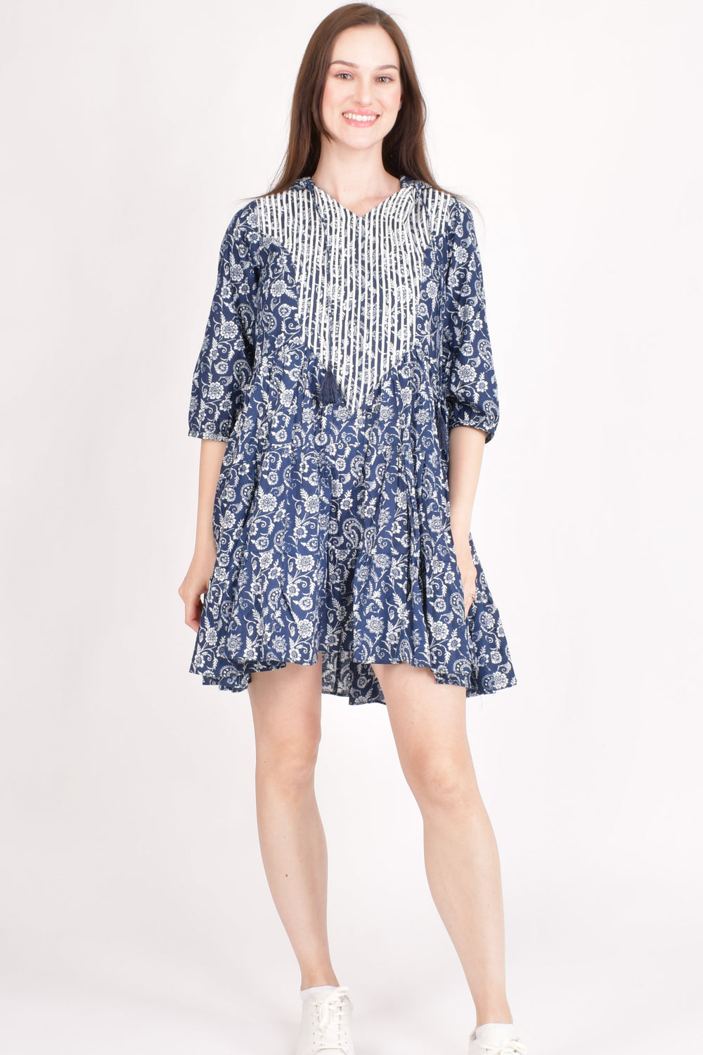 Blue cotton floral embroidered hoodie mini dress with white contrast resham embroidery and 3/4 sleeves.