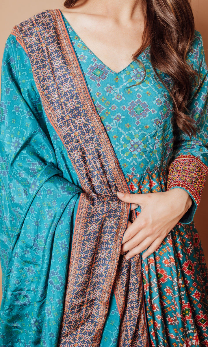 Blue Gown with Silk Drape-Raas USA