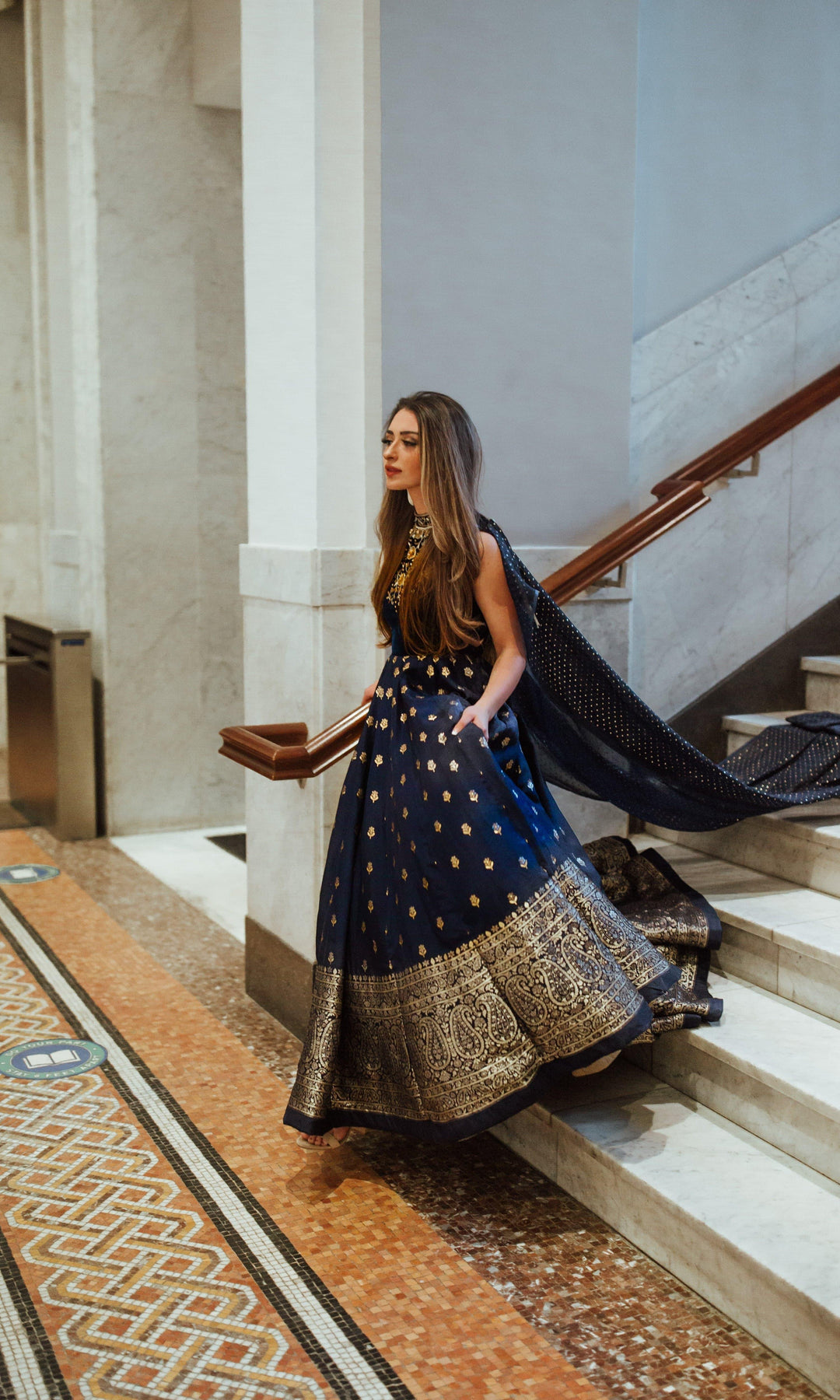 Blue Gown with Velvet Hand Embroidered Torso and Banarasi Jacquard Bottom-Raas USA