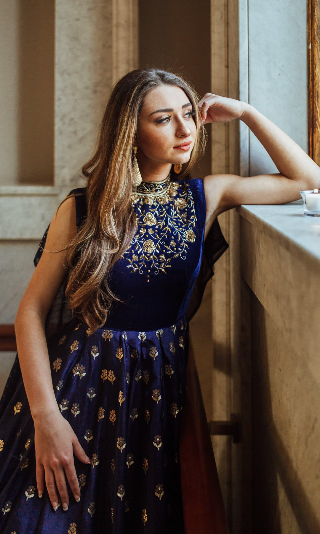 Blue Gown with Velvet Hand Embroidered Torso and Banarasi Jacquard Bottom-Raas USA